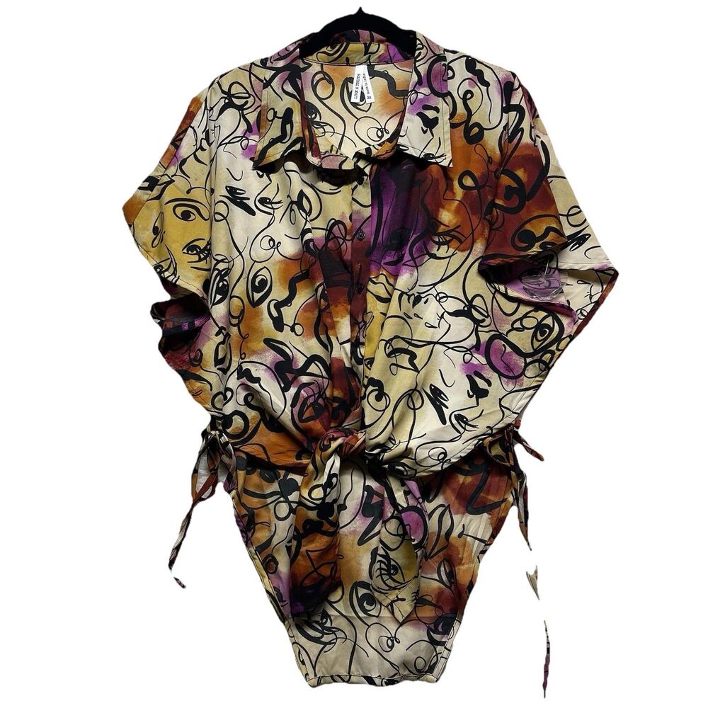 Live 4 Truth Oversized Abstract Face Print Tie Front Blouse 2X Boho Kimono Tunic